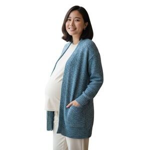 LL Bean Womens Sz L Sweater Cardigan Open Front Blue Cotton Blend Pockets Casual